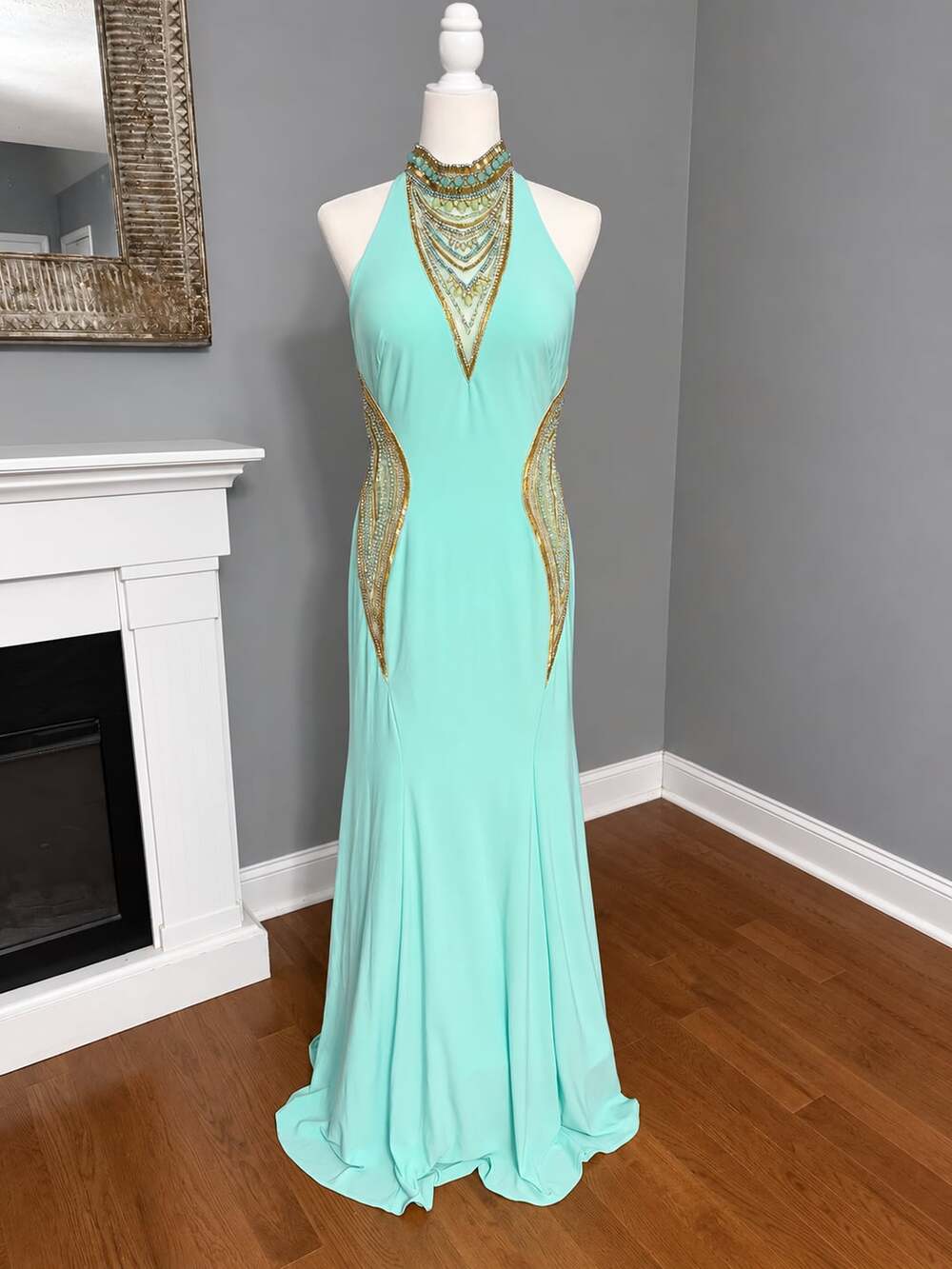 Dave & Johnny Aqua Beaded Halter formal Prom Gown Size 11/12
